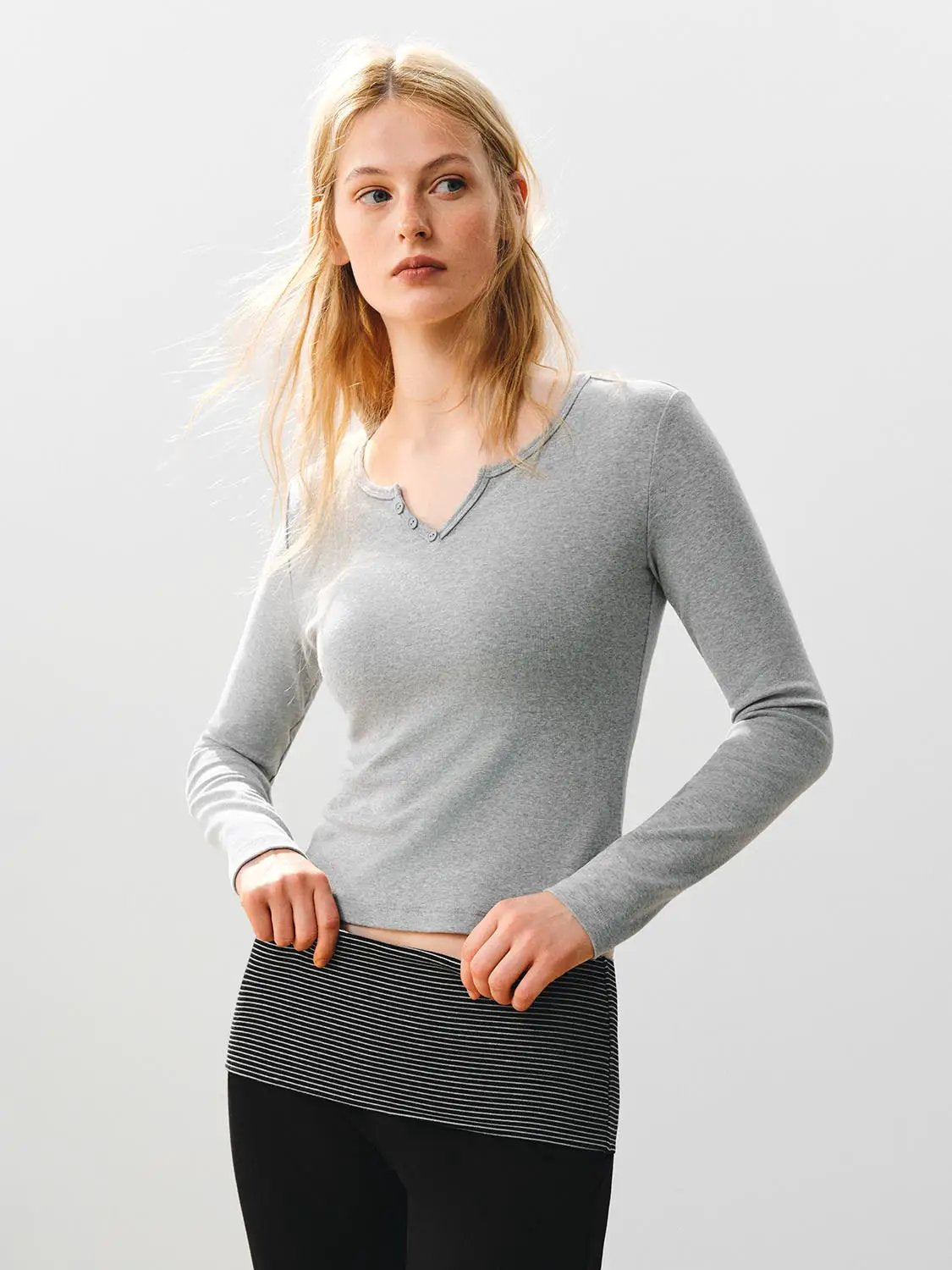Ribbed Long Sleeve V-neck Cotton Blend T-Shirt