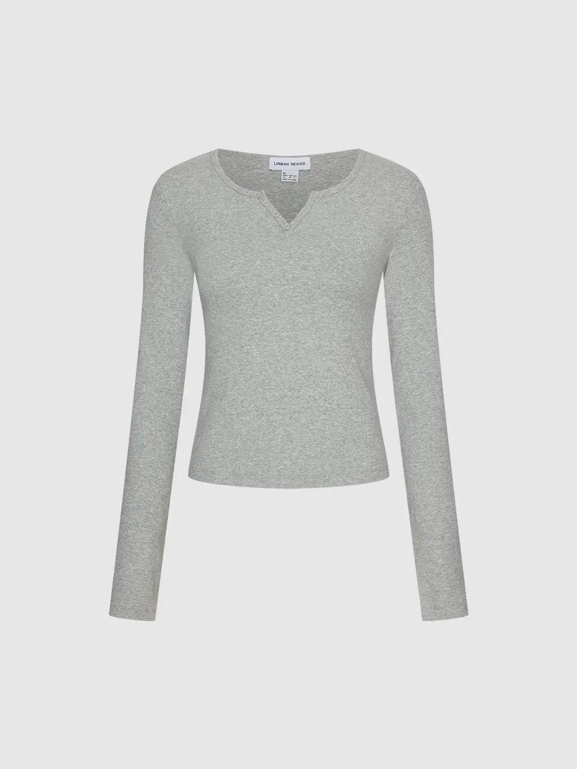 Ribbed Long Sleeve V-neck Cotton Blend T-Shirt