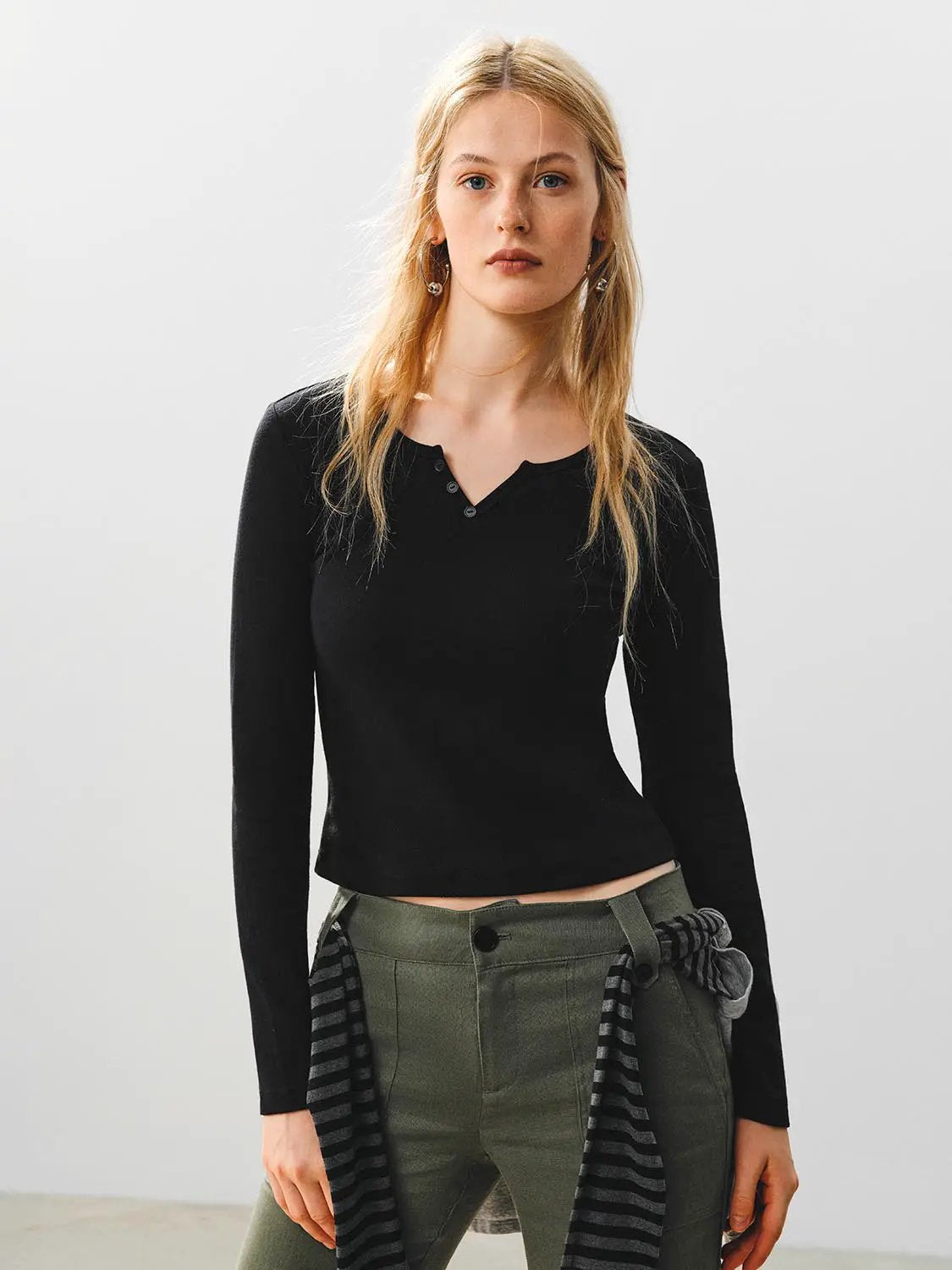 Ribbed Long Sleeve V-neck Cotton Blend T-Shirt