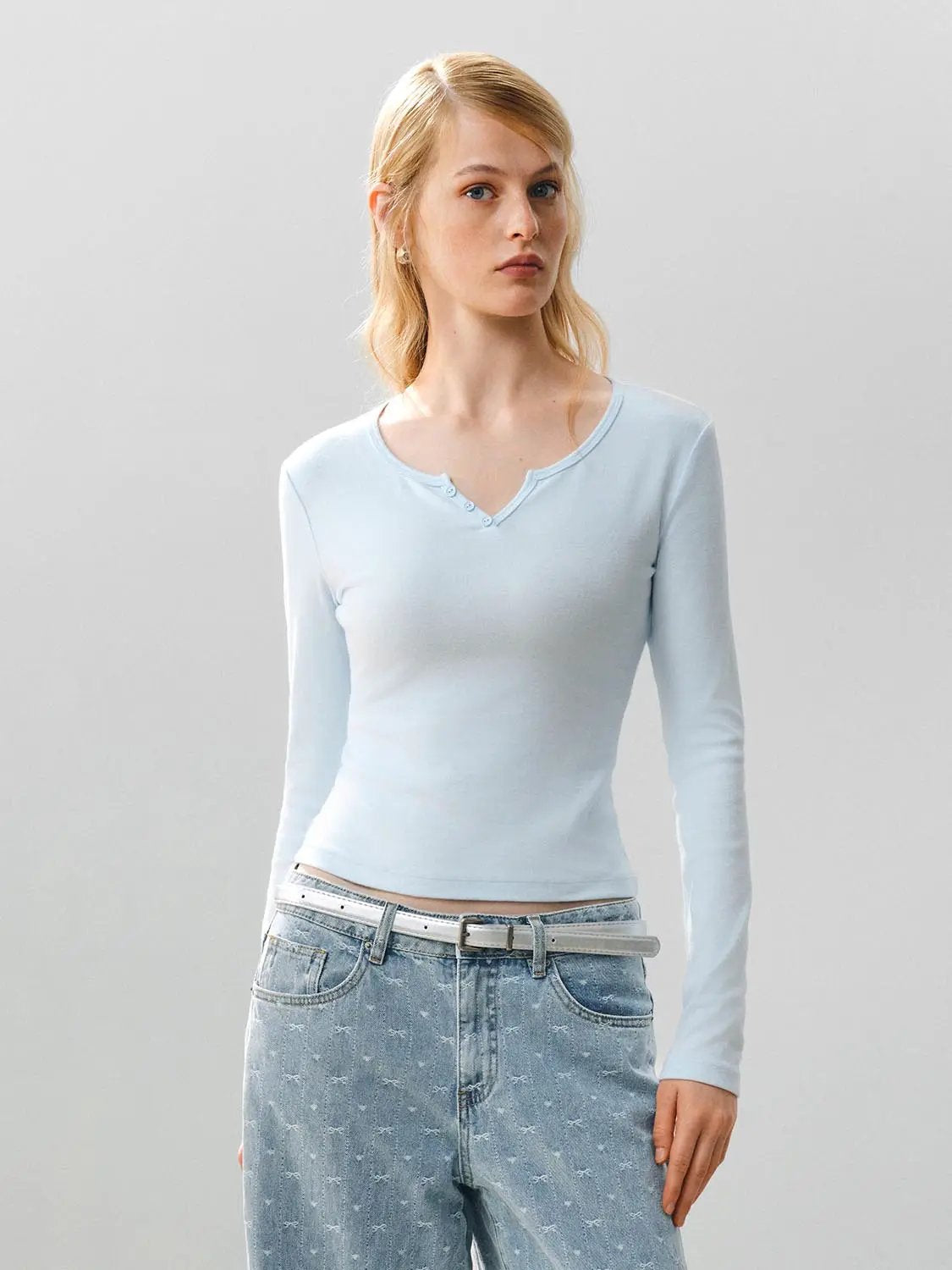 Ribbed Long Sleeve V-neck Cotton Blend T-Shirt