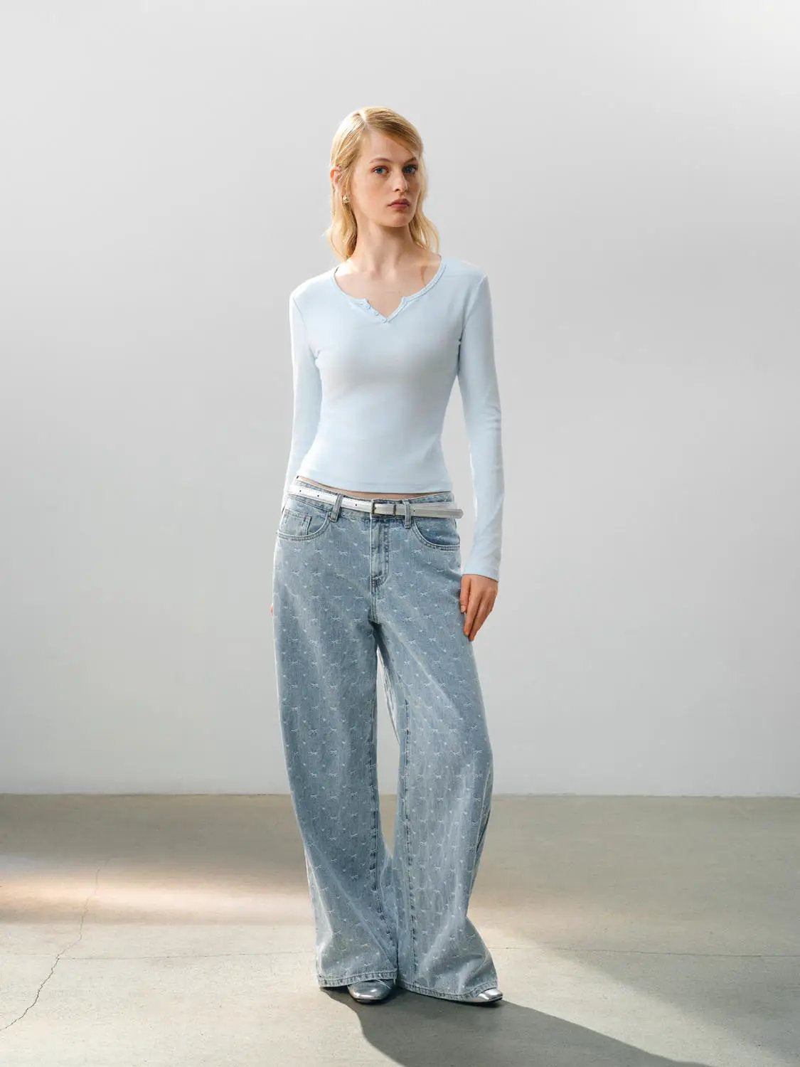 Ribbed Long Sleeve V-neck Cotton Blend T-Shirt