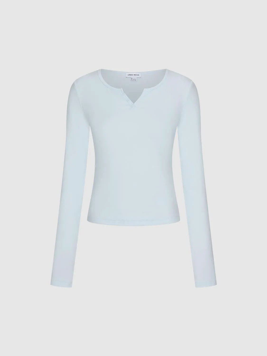 Ribbed Long Sleeve V-neck Cotton Blend T-Shirt