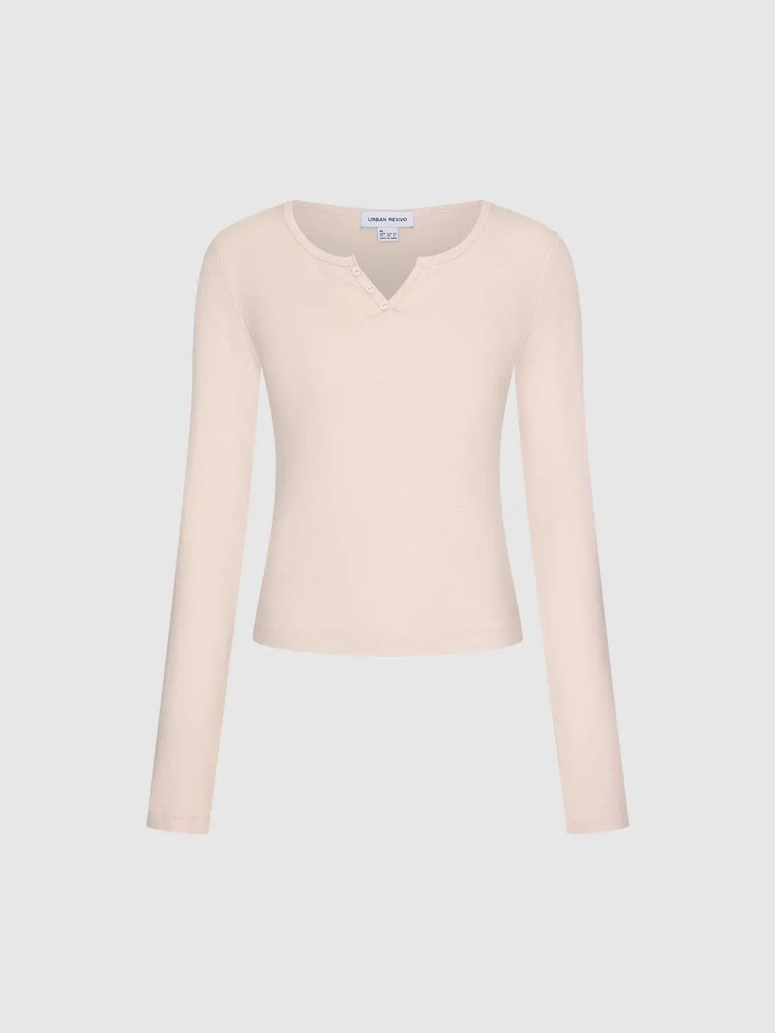 Ribbed Long Sleeve V-neck Cotton Blend T-Shirt