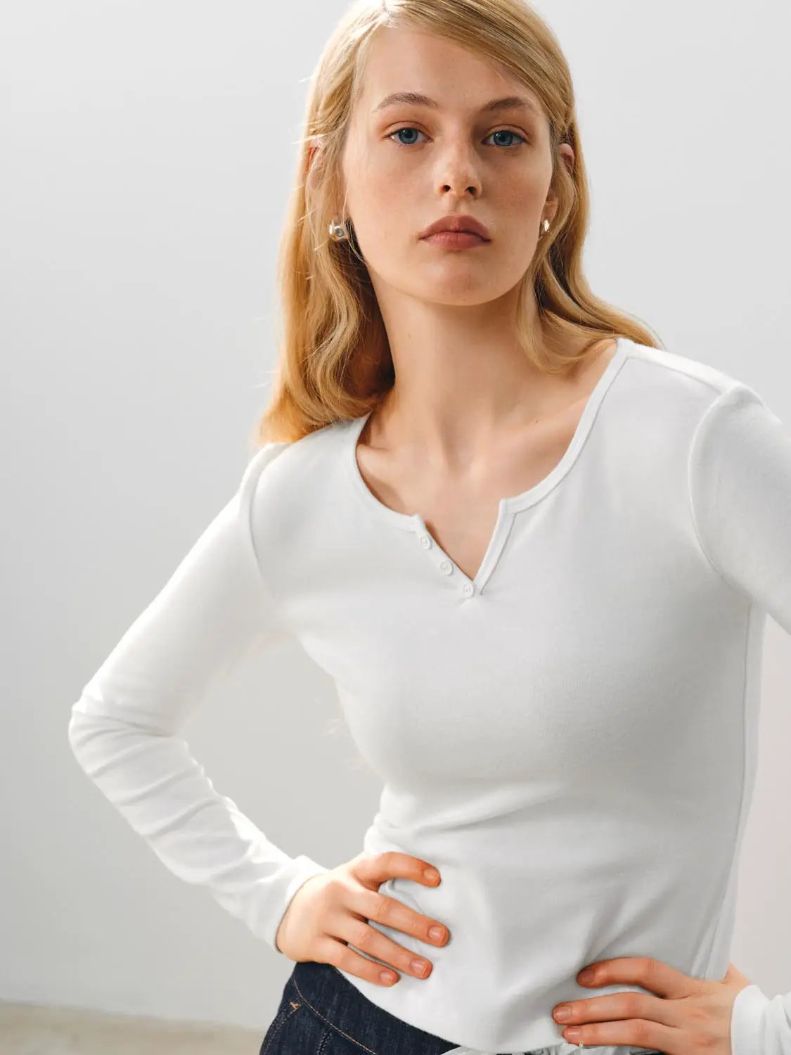Ribbed Long Sleeve V-neck Cotton Blend T-Shirt