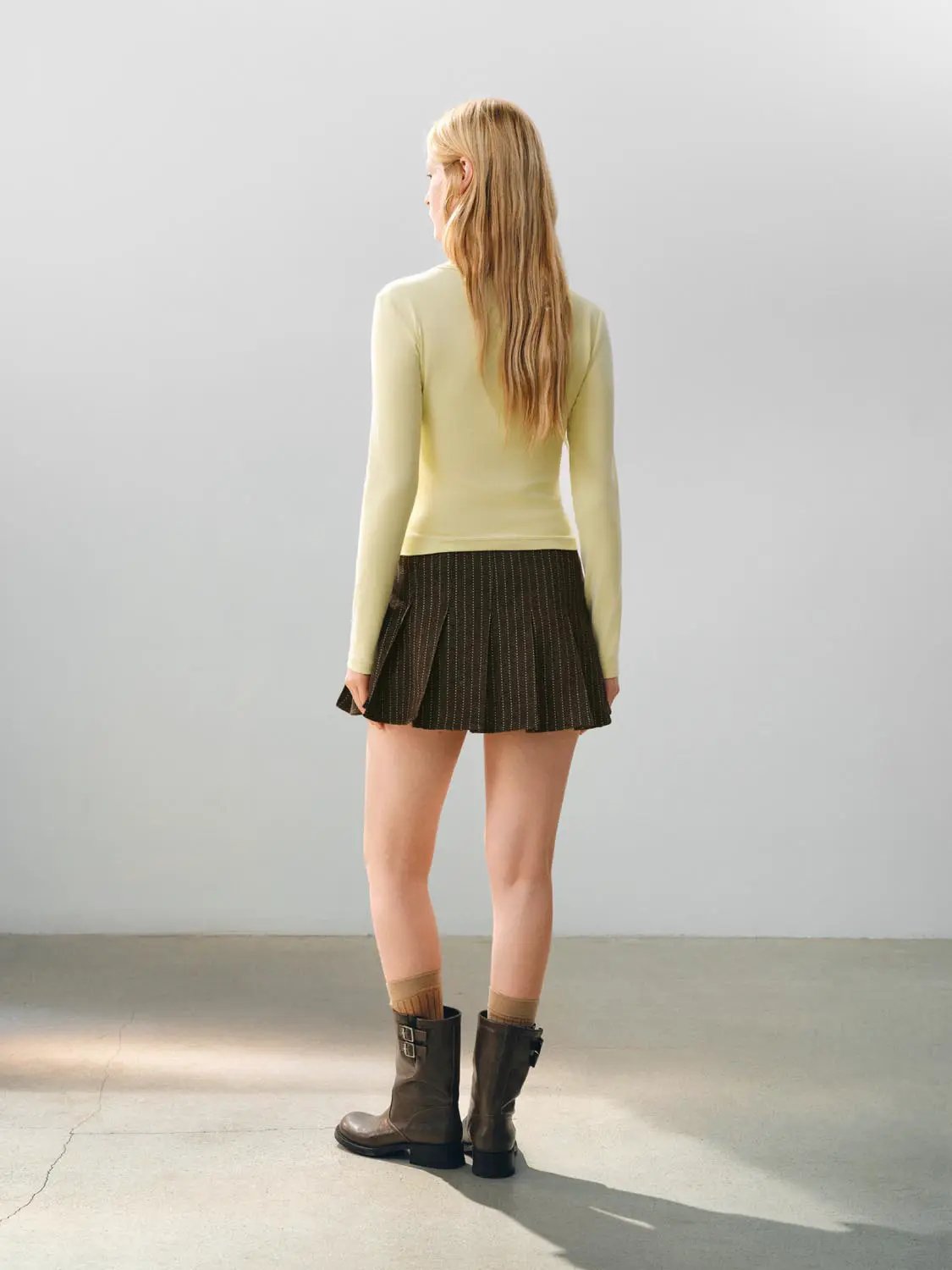 Ribbed Long Sleeve V-neck Cotton Blend T-Shirt