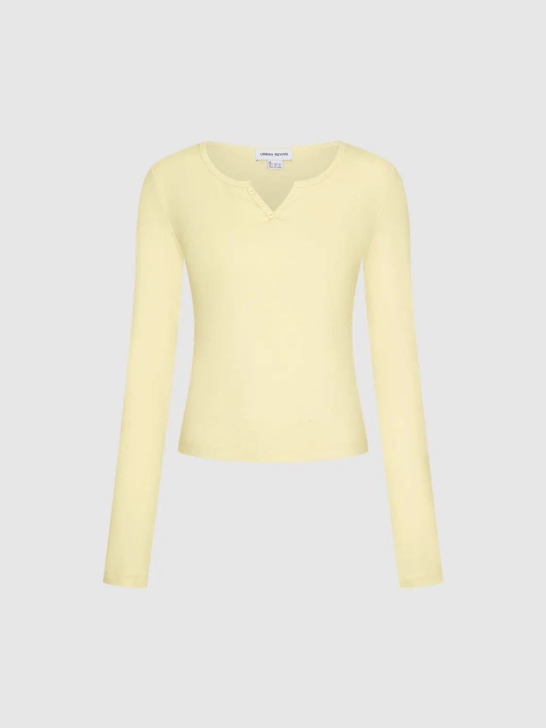 Ribbed Long Sleeve V-neck Cotton Blend T-Shirt