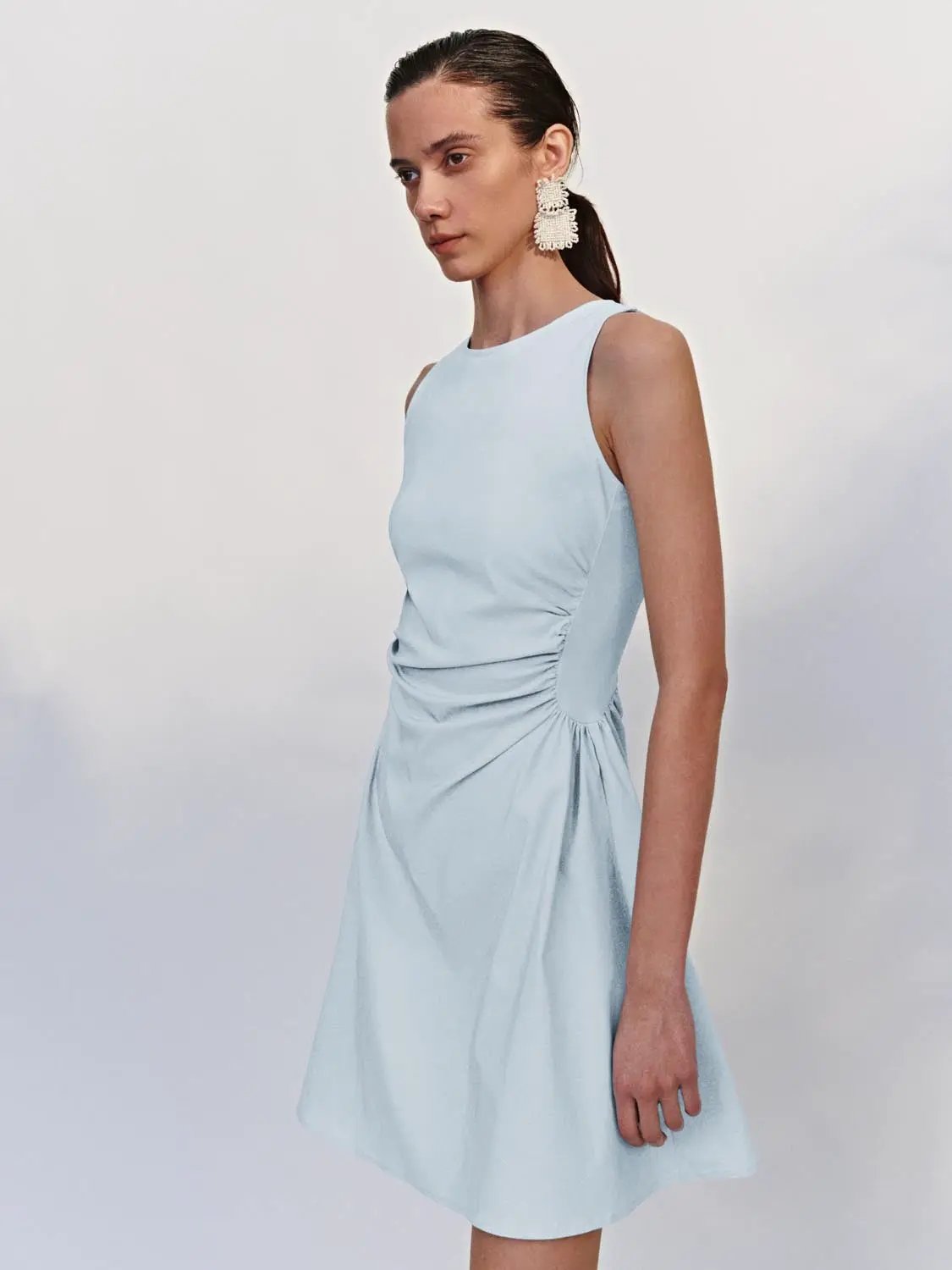 Round Neck Ruched Waist Sleeveless A-Line Mini Dress