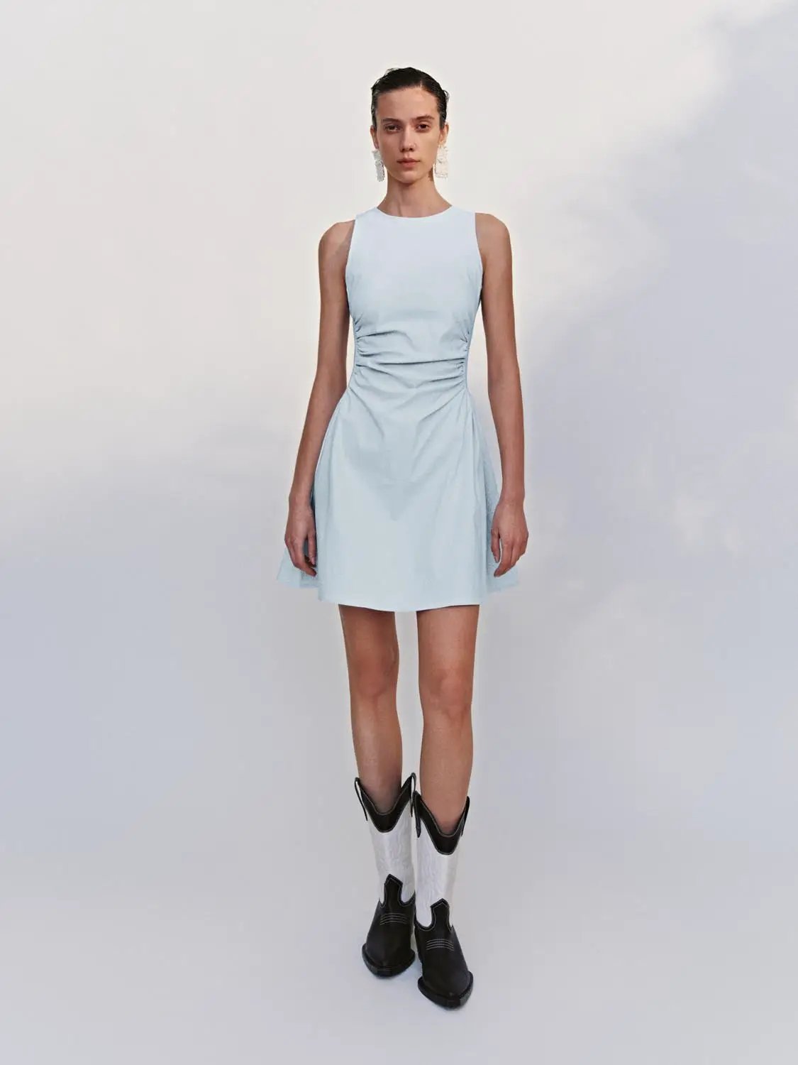 Round Neck Ruched Waist Sleeveless A-Line Mini Dress