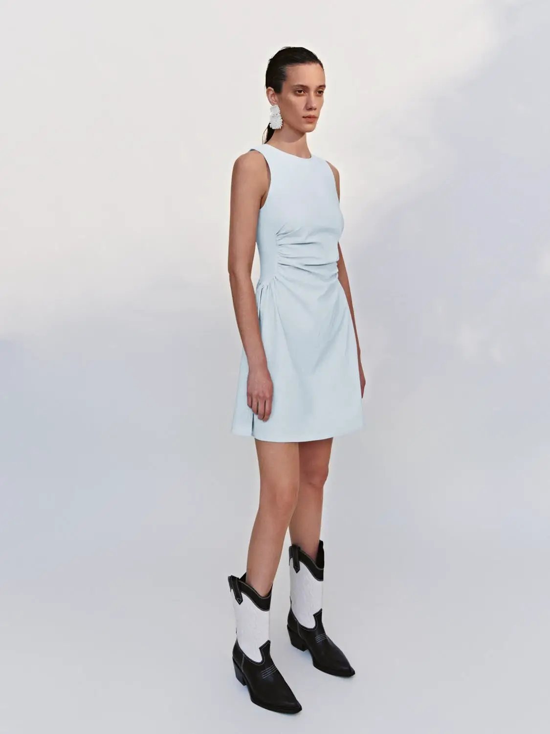 Round Neck Ruched Waist Sleeveless A-Line Mini Dress