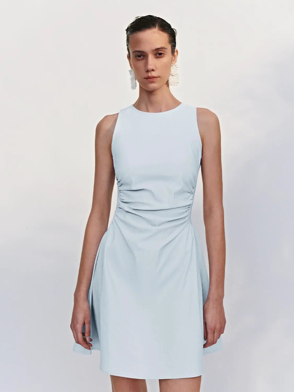 Round Neck Ruched Waist Sleeveless A-Line Mini Dress
