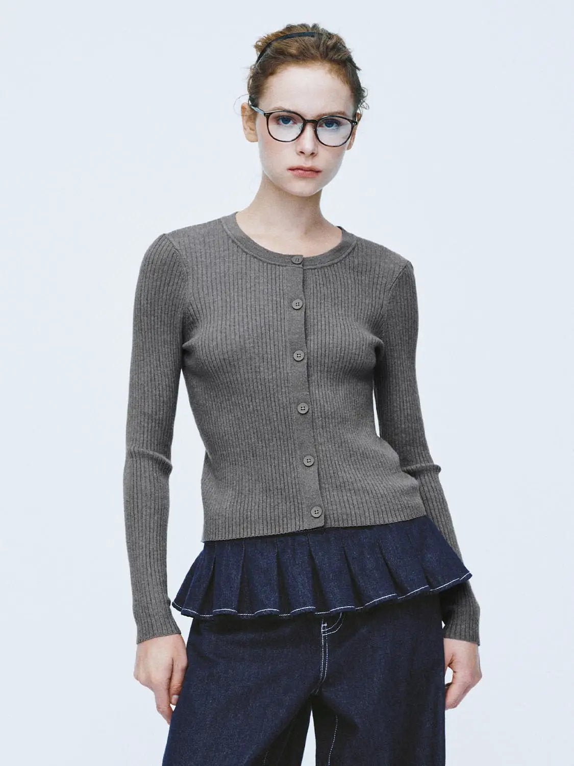 Ribbed Knit Button Front Crew Neck Long Sleeve Cardigan