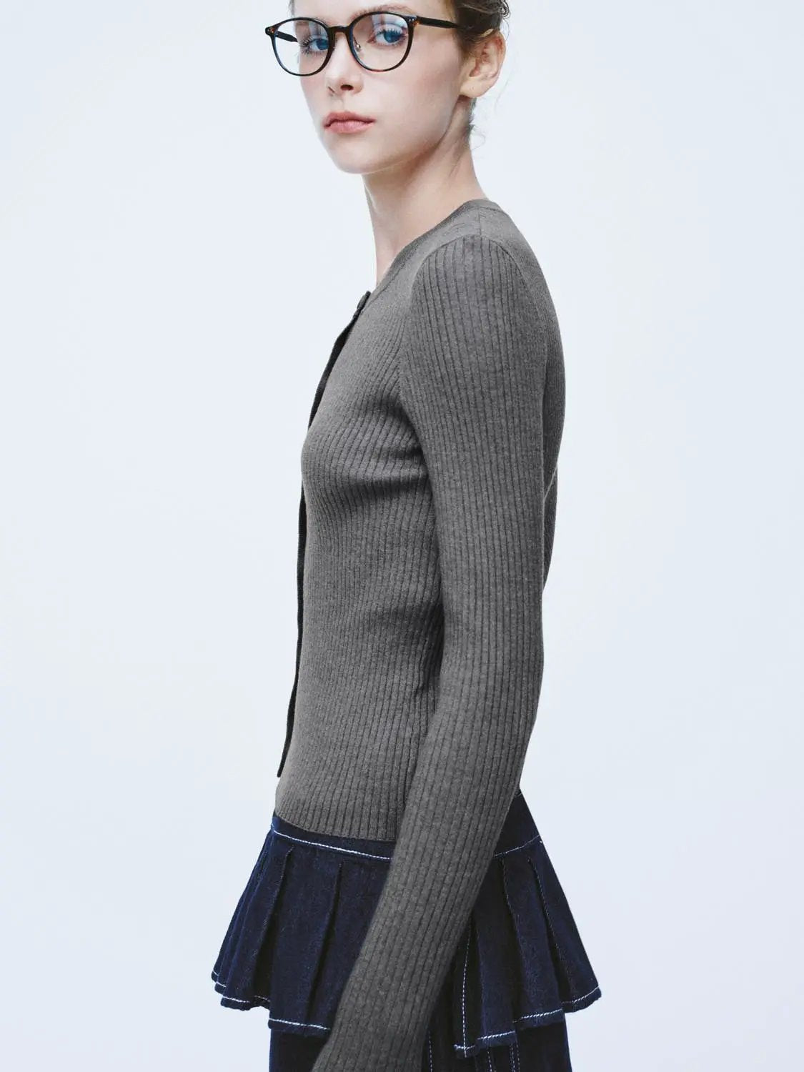 Ribbed Knit Button Front Crew Neck Long Sleeve Cardigan