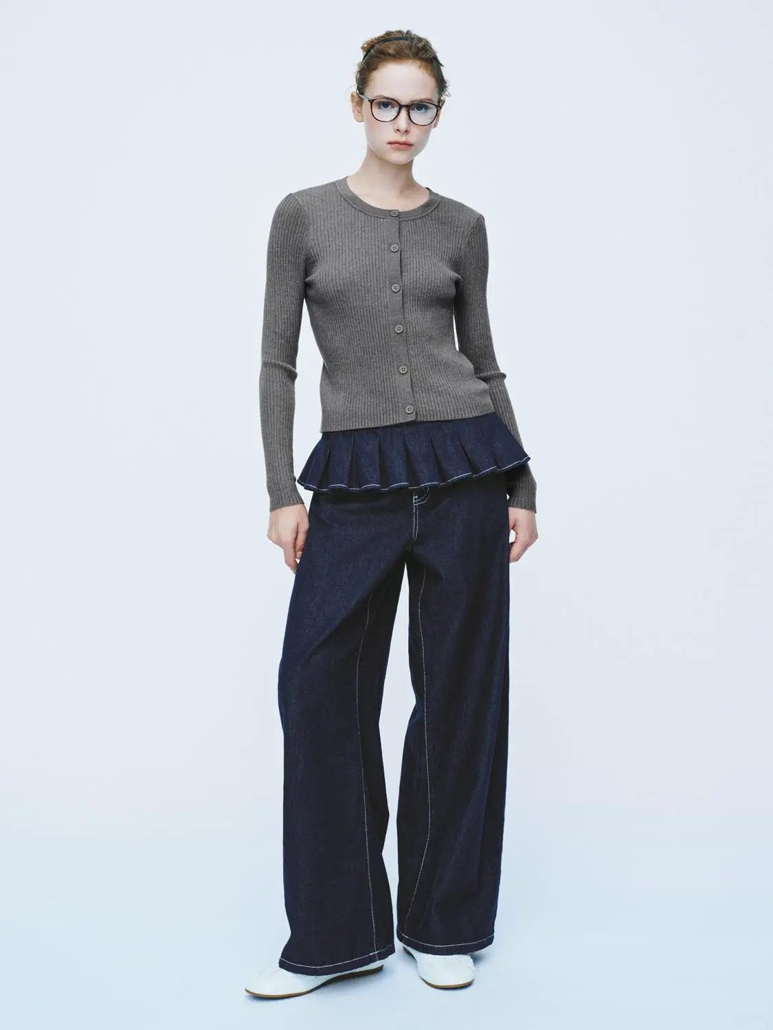 Ribbed Knit Button Front Crew Neck Long Sleeve Cardigan