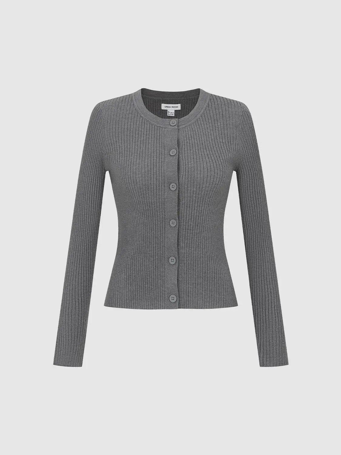 Ribbed Knit Button Front Crew Neck Long Sleeve Cardigan