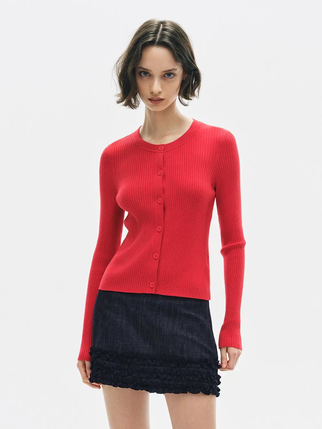 Ribbed Knit Button Front Crew Neck Long Sleeve Cardigan