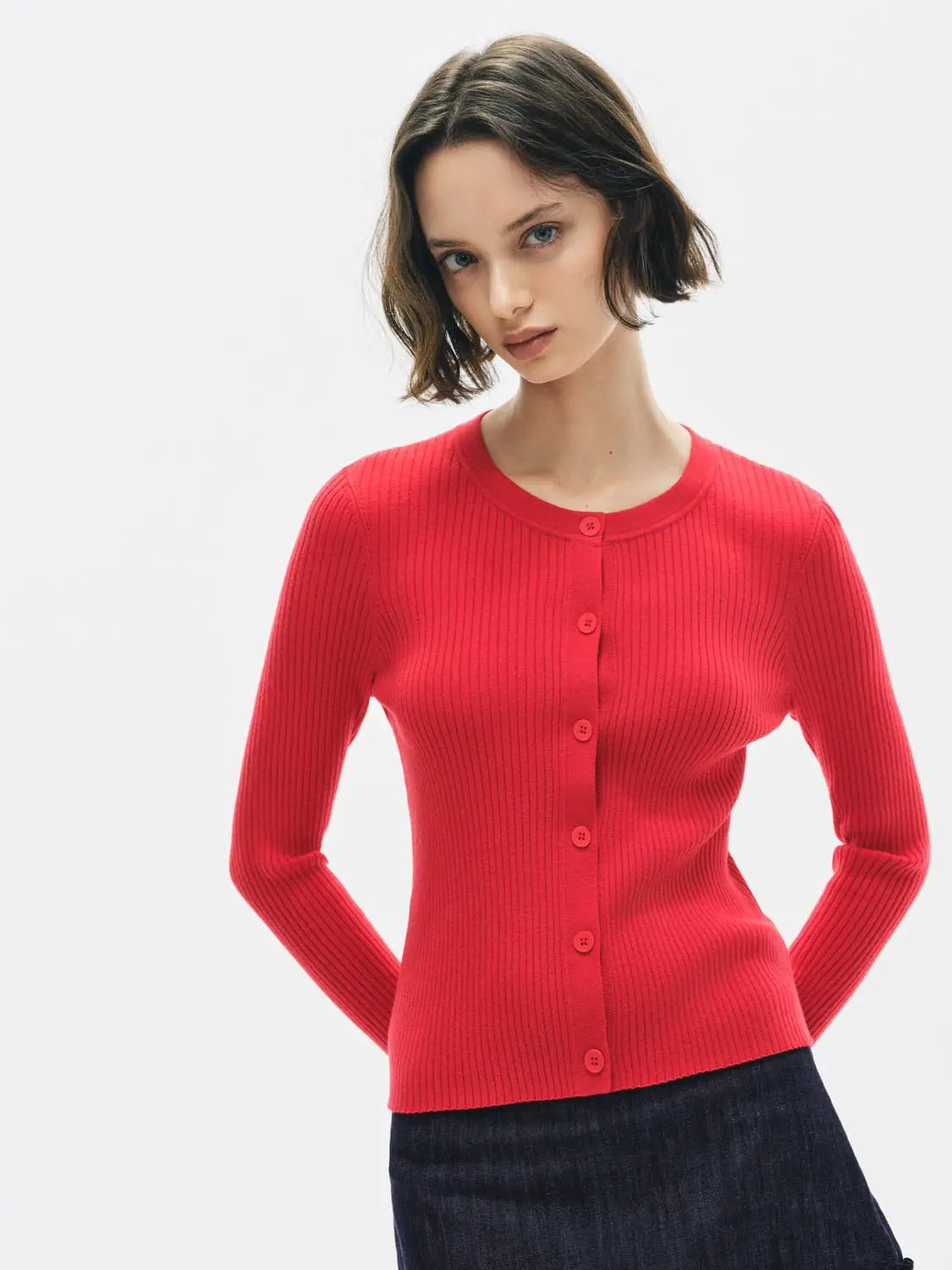 Ribbed Knit Button Front Crew Neck Long Sleeve Cardigan
