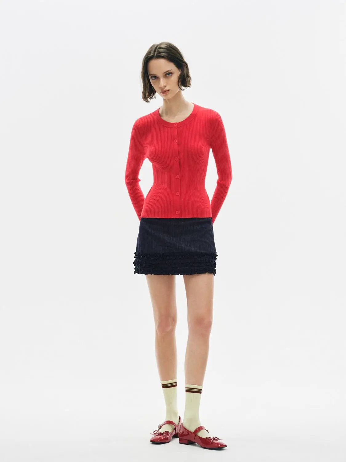 Ribbed Knit Button Front Crew Neck Long Sleeve Cardigan