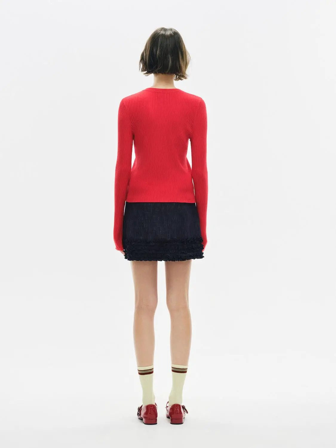 Ribbed Knit Button Front Crew Neck Long Sleeve Cardigan
