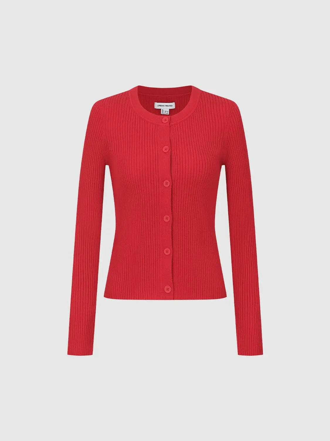 Ribbed Knit Button Front Crew Neck Long Sleeve Cardigan