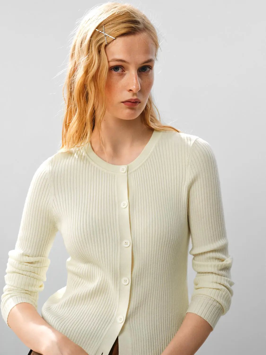 Ribbed Knit Button Front Crew Neck Long Sleeve Cardigan