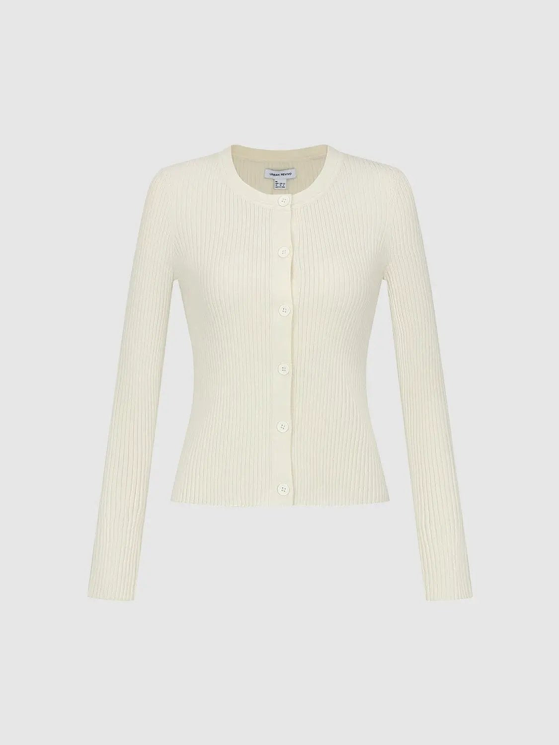 Ribbed Knit Button Front Crew Neck Long Sleeve Cardigan