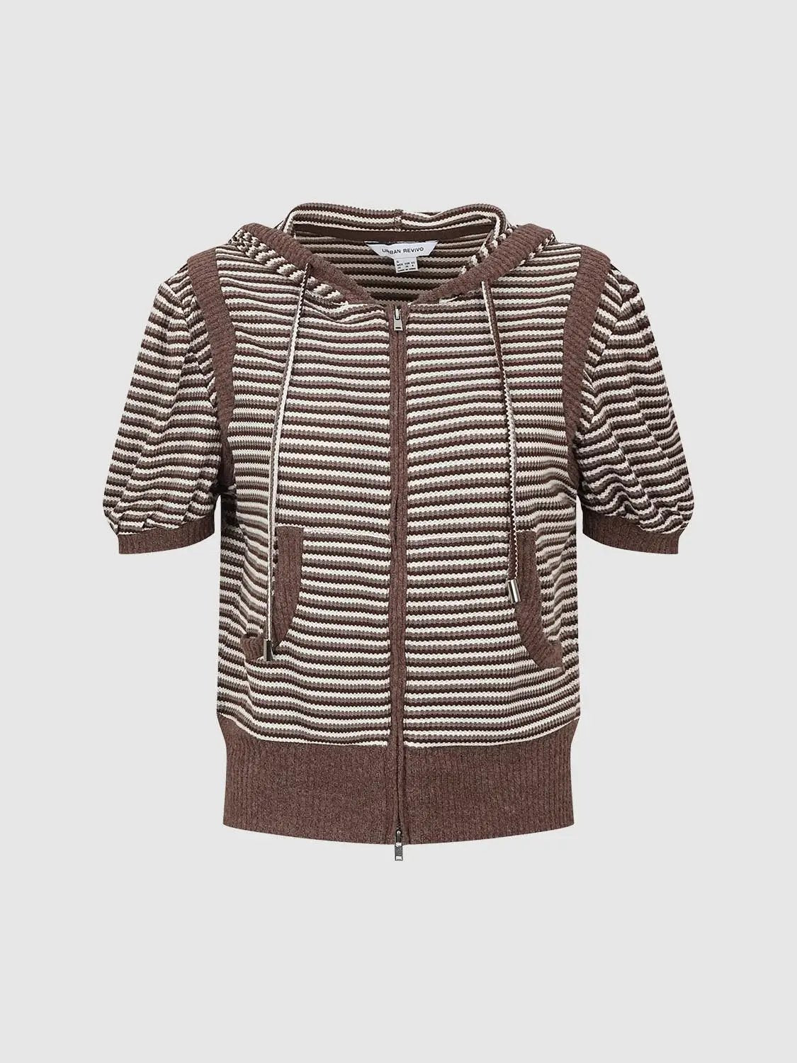 Hooded Zip Front Striped Short Sleeve Knit Jacket