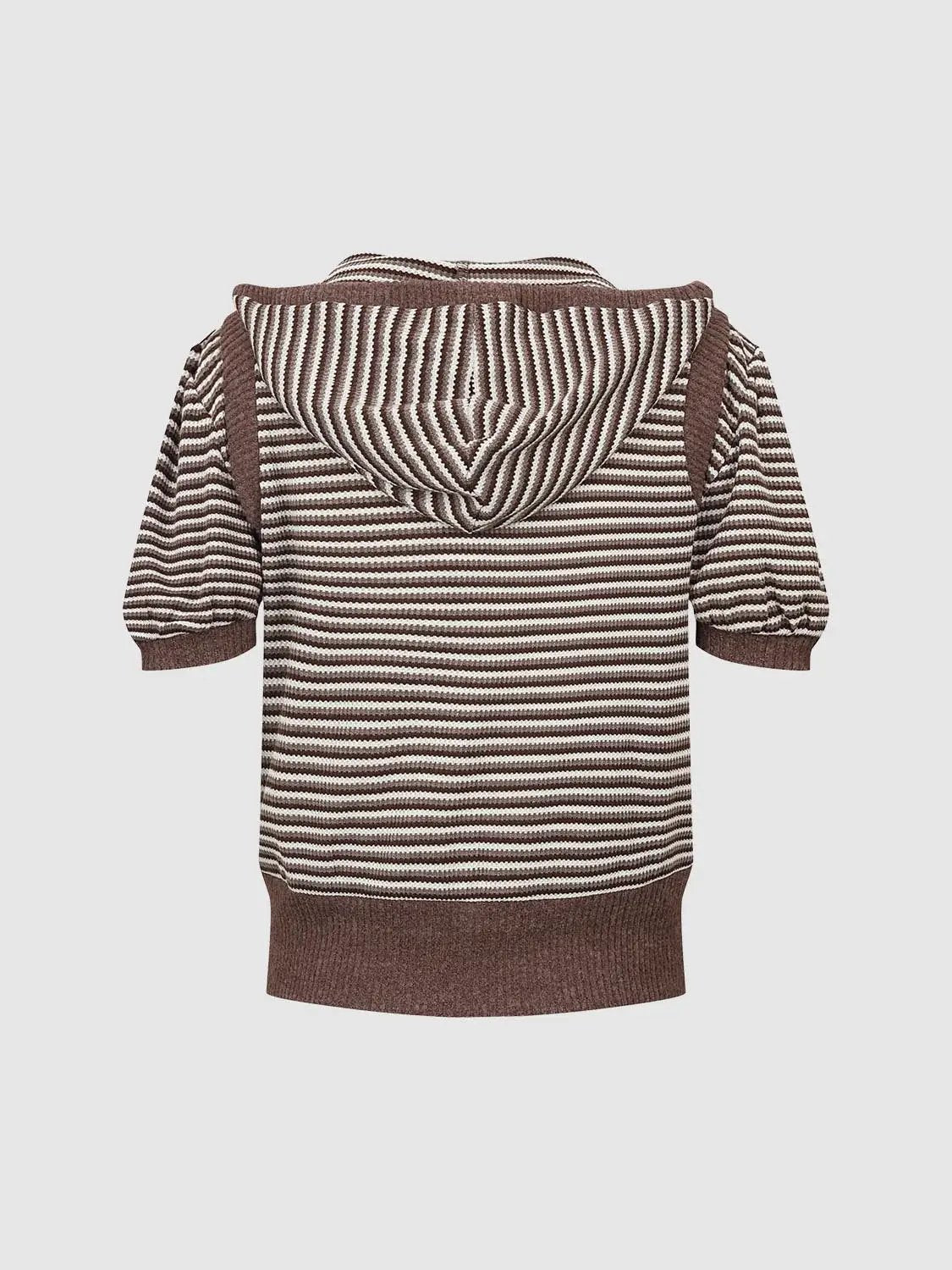 Hooded Zip Front Striped Short Sleeve Knit Jacket