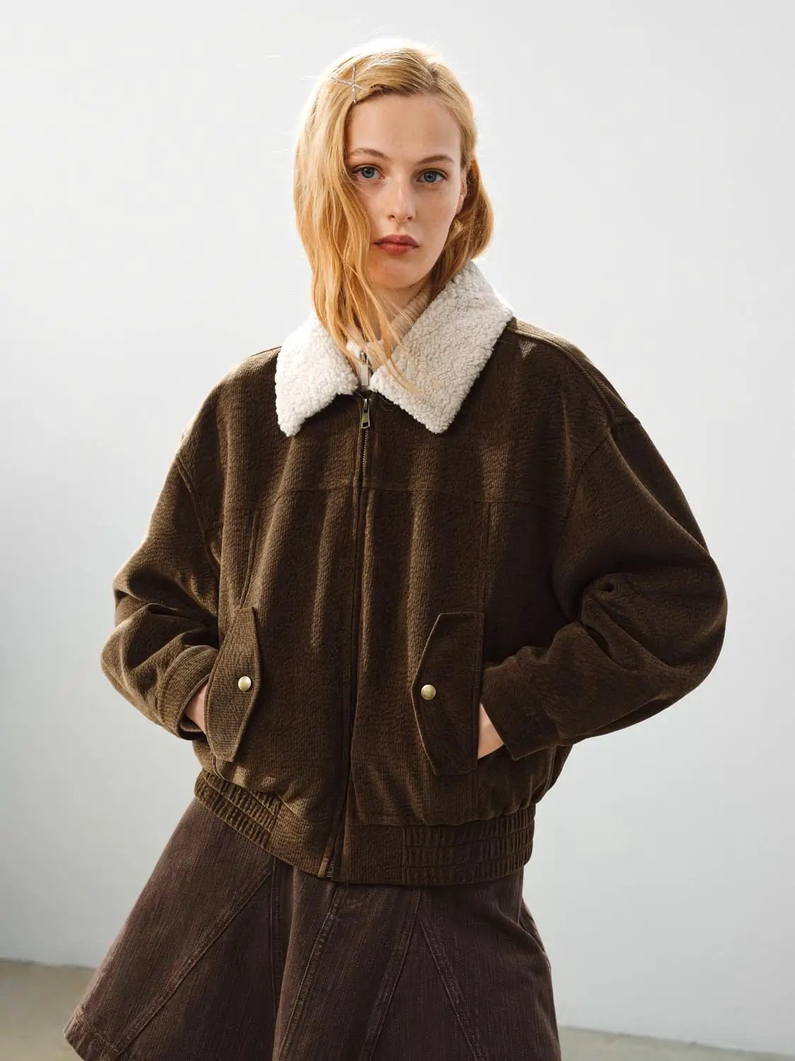 Faux Fur Collar Zip Front Long Sleeve Ribbed Textured Jacket