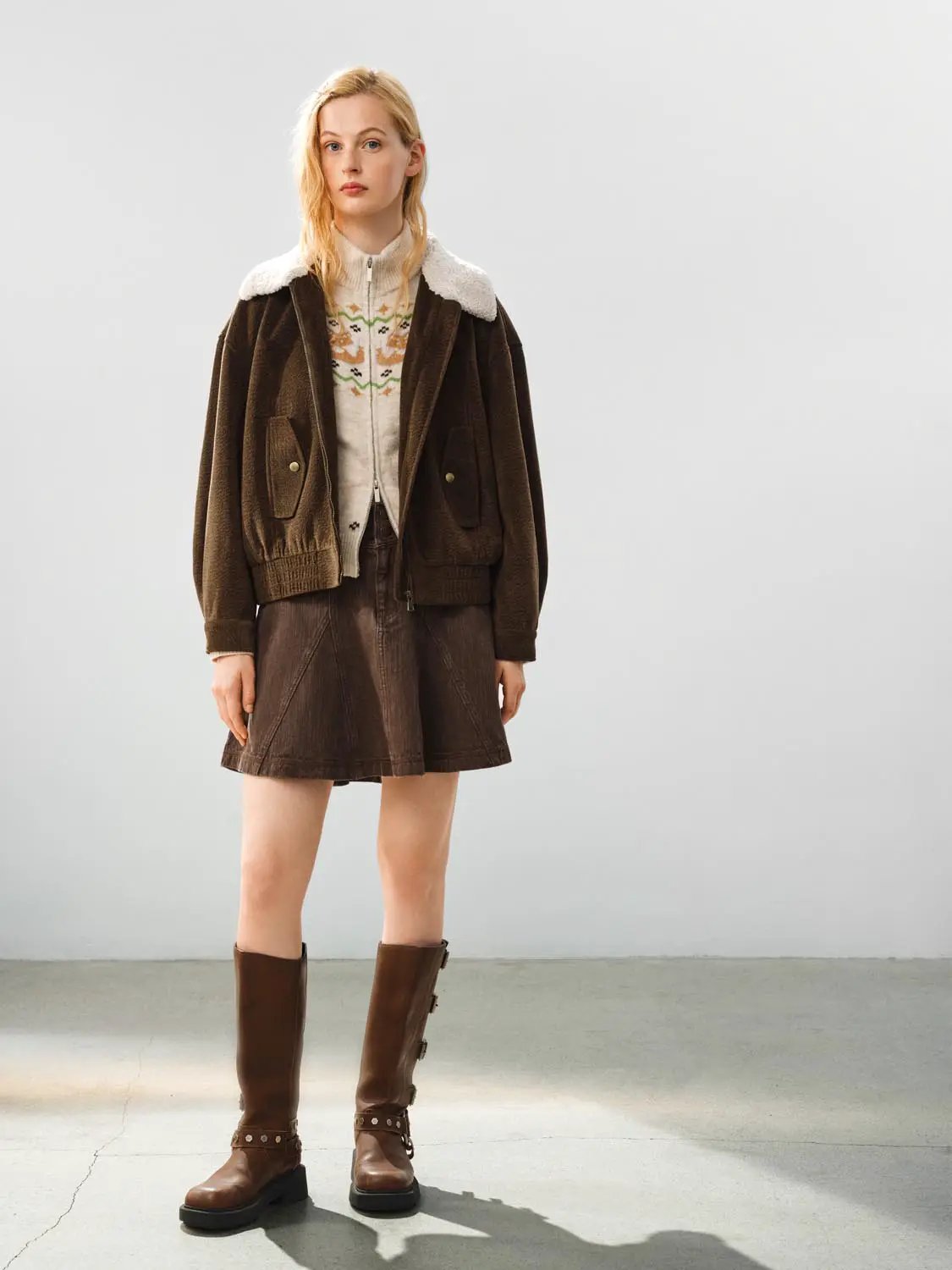 Faux Fur Collar Zip Front Long Sleeve Ribbed Textured Jacket