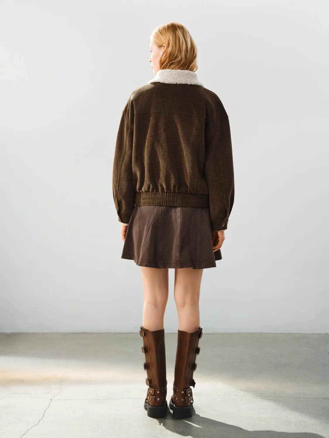 Faux Fur Collar Zip Front Long Sleeve Ribbed Textured Jacket