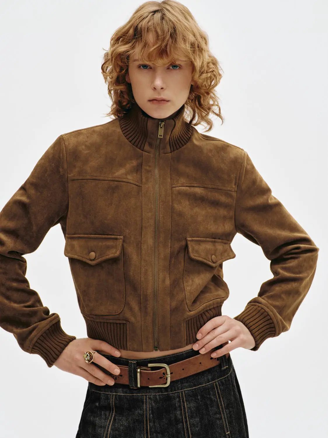 Faux Suede Collar Zip Front Long Sleeve Jacket
