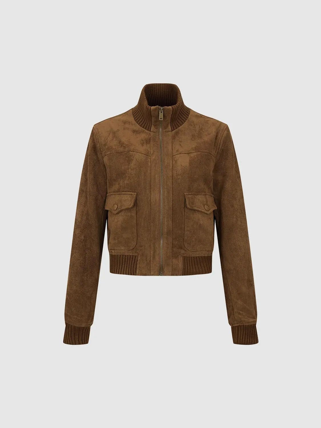 Faux Suede Collar Zip Front Long Sleeve Jacket