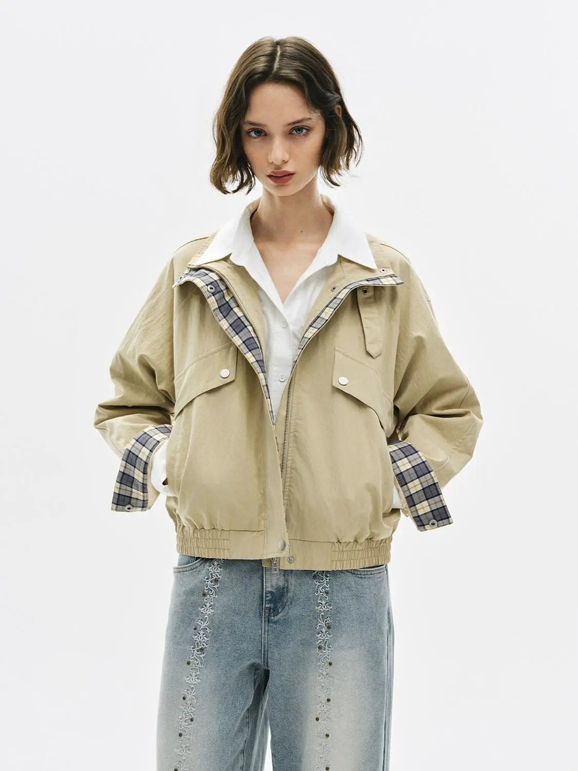 Buckle Collar Flap Pocket Cotton Blend Long Sleeve Jacket