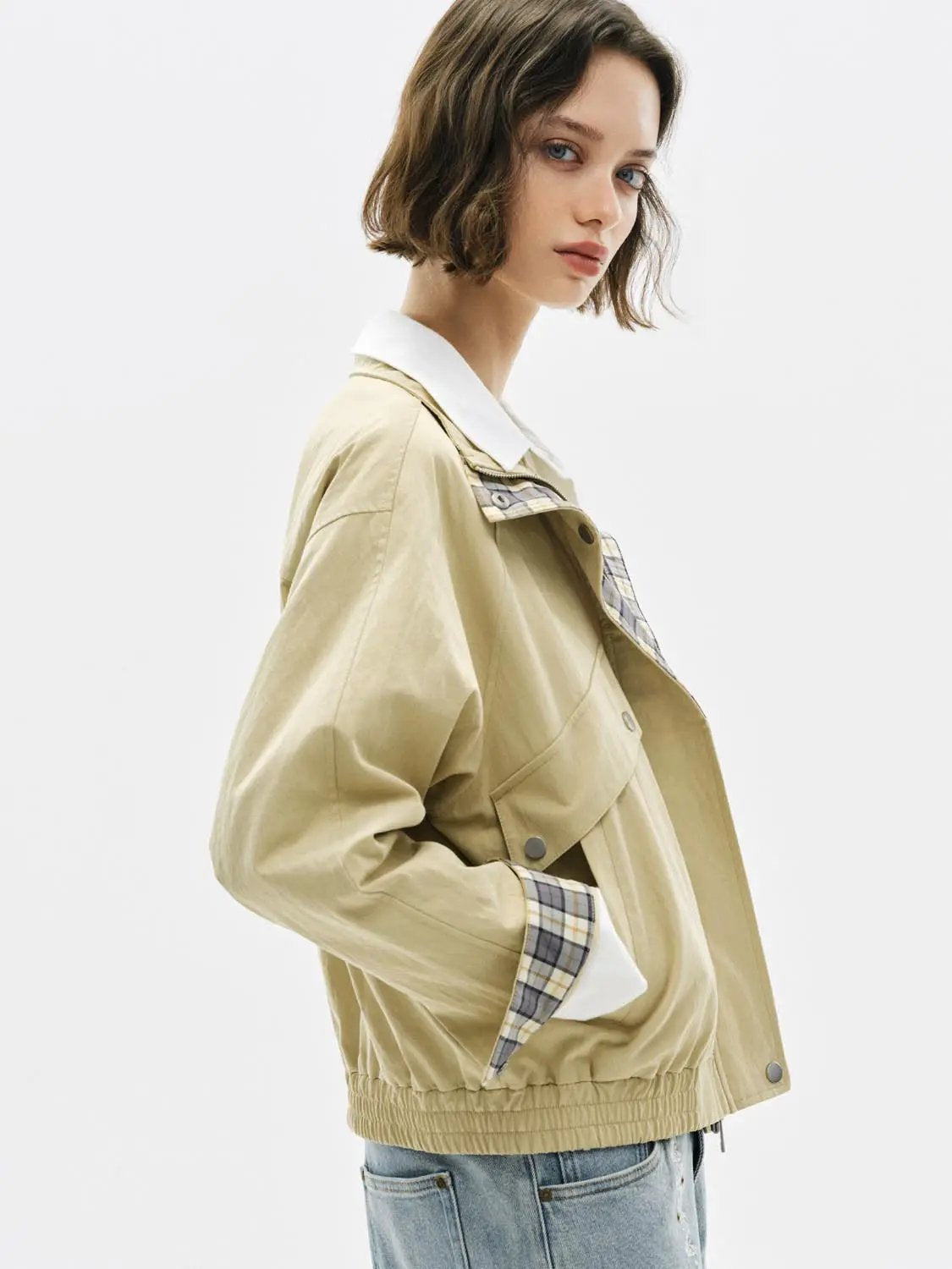 Buckle Collar Flap Pocket Cotton Blend Long Sleeve Jacket