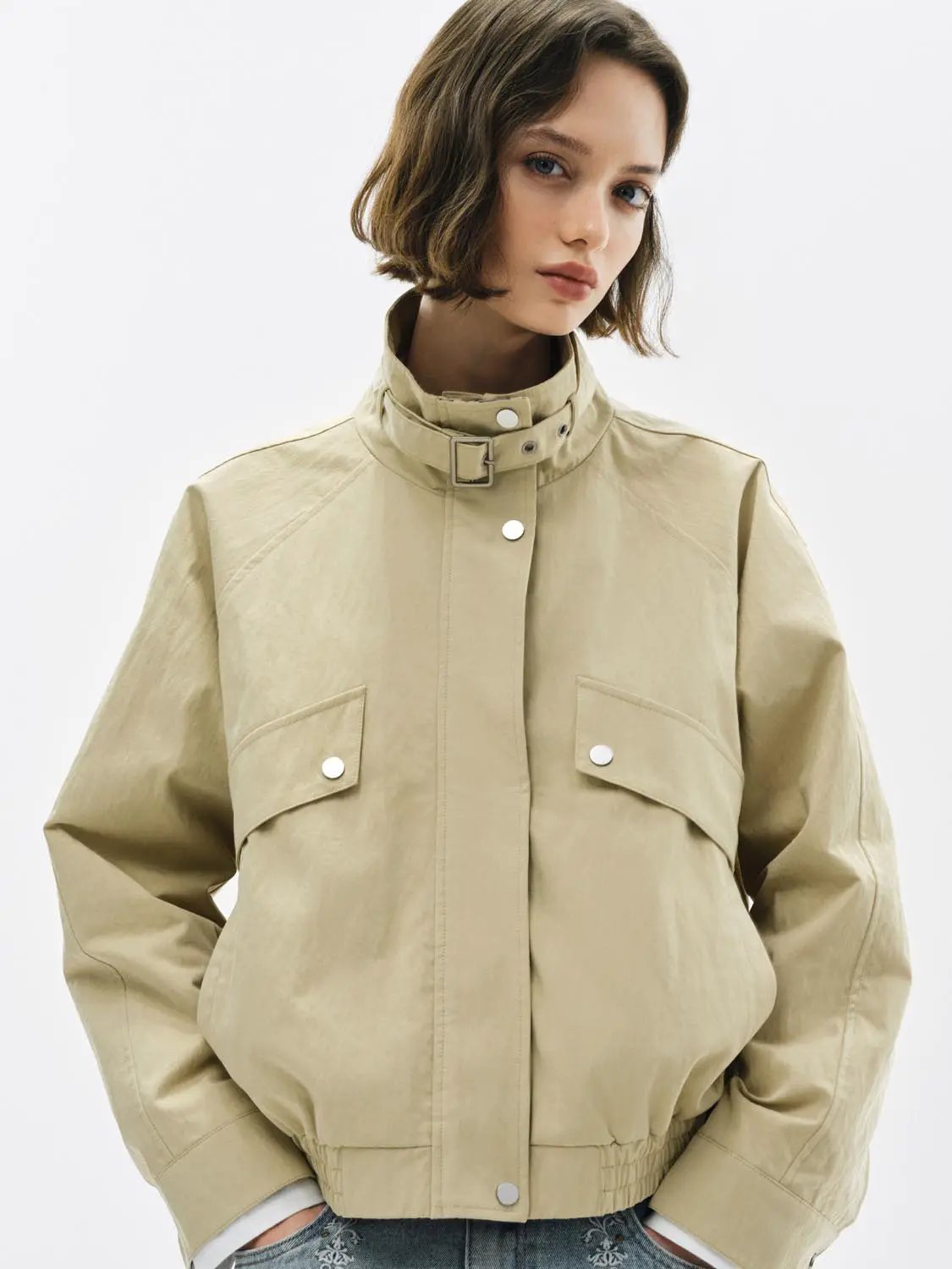 Buckle Collar Flap Pocket Cotton Blend Long Sleeve Jacket