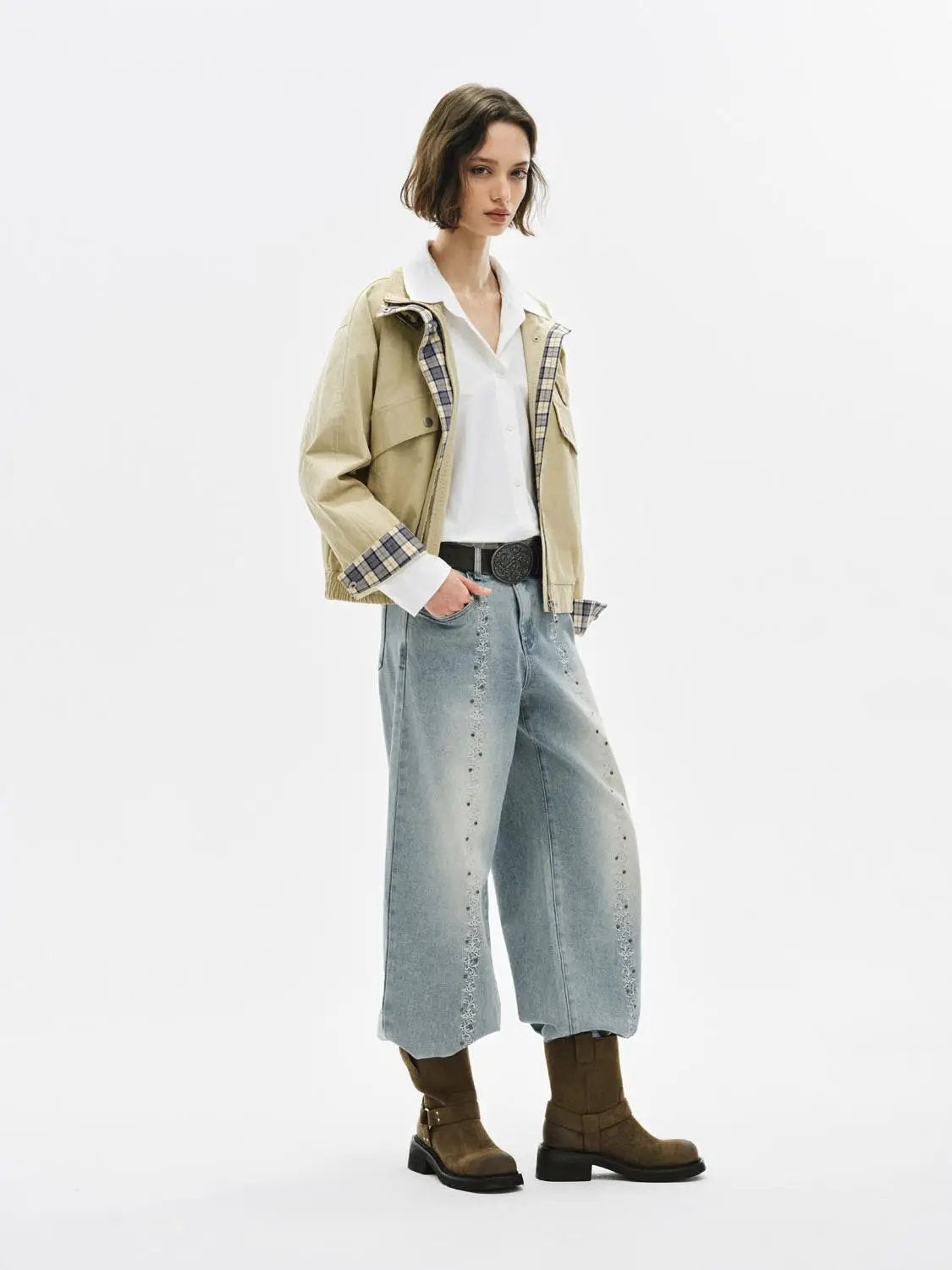 Buckle Collar Flap Pocket Cotton Blend Long Sleeve Jacket