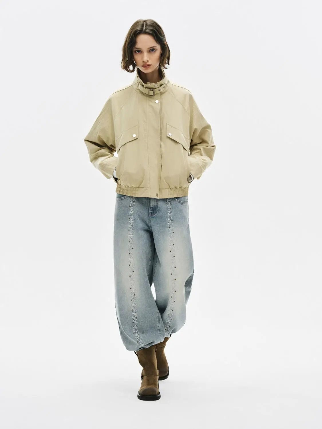 Buckle Collar Flap Pocket Cotton Blend Long Sleeve Jacket