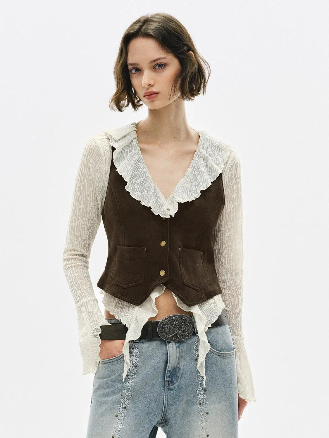 Tailored Button Front V-neck Pocketed Sleeveless Vest