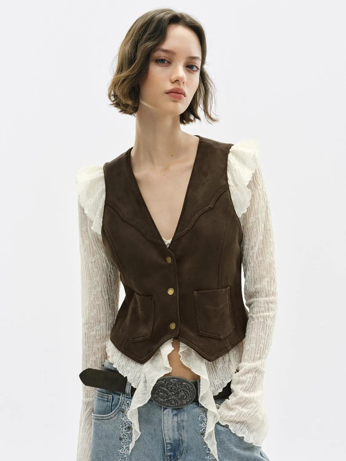 Tailored Button Front V-neck Pocketed Sleeveless Vest
