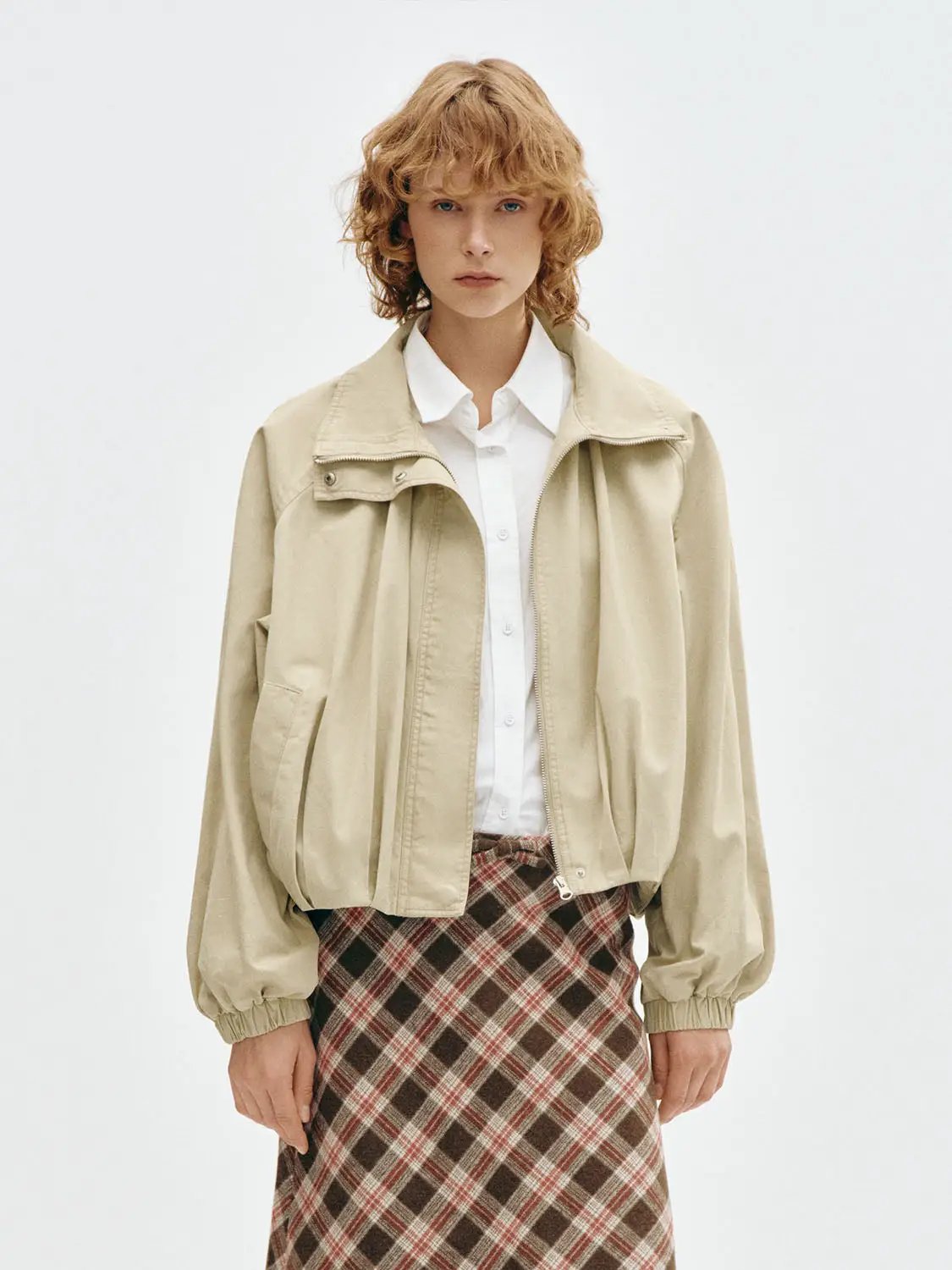 Ruched Oversized Mock Neck Cotton Long Sleeve Jacket