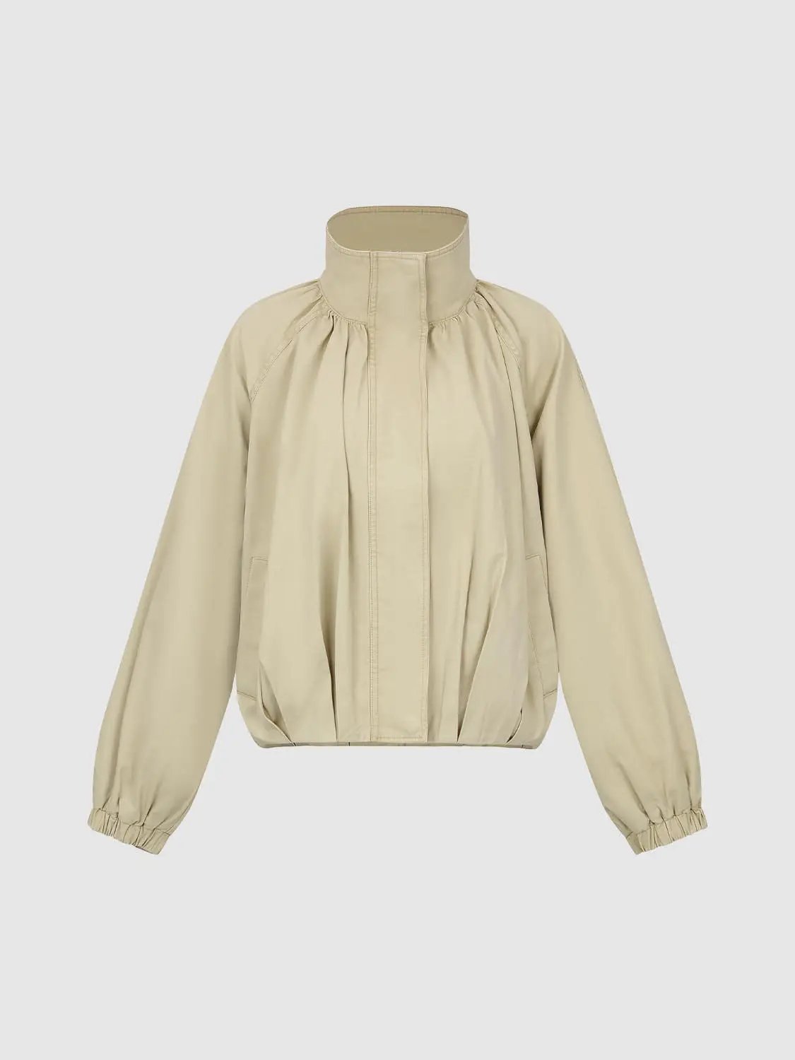 Ruched Oversized Mock Neck Cotton Long Sleeve Jacket