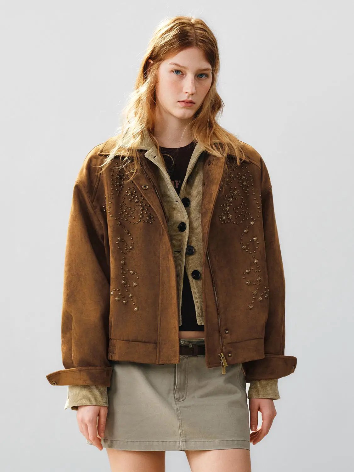 Studded Embroidered Long Sleeve Collar Zipper Jacket