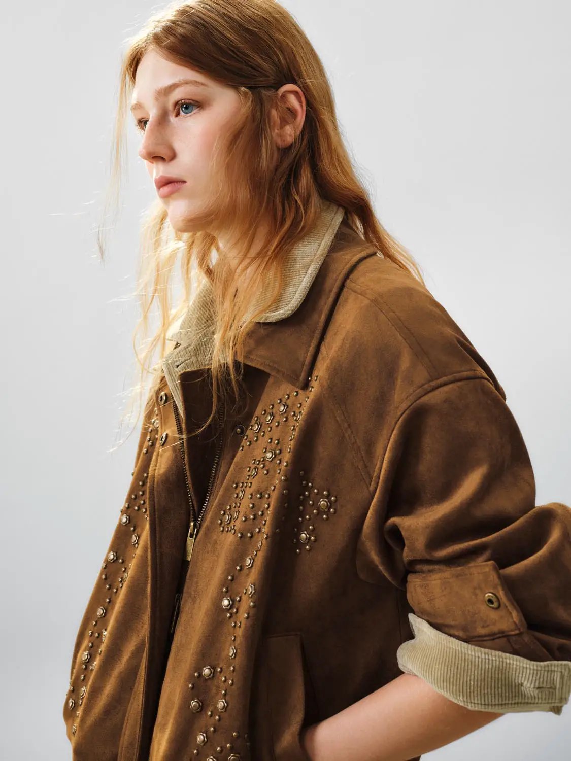 Studded Embroidered Long Sleeve Collar Zipper Jacket