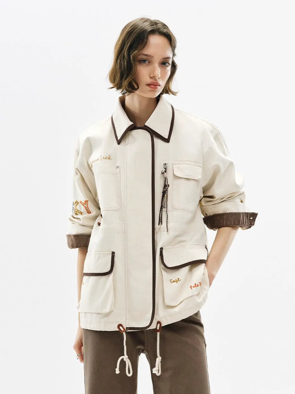 Embroidered Drawstring Long Sleeve Cotton Jacket