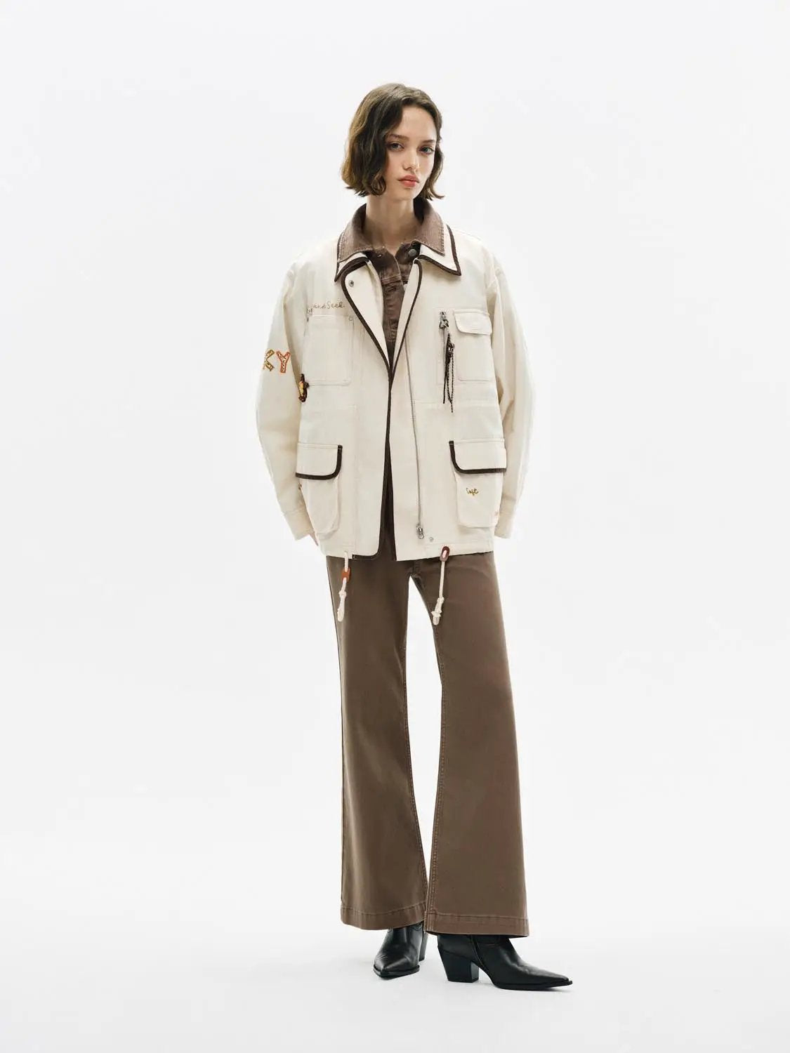 Embroidered Drawstring Long Sleeve Cotton Jacket