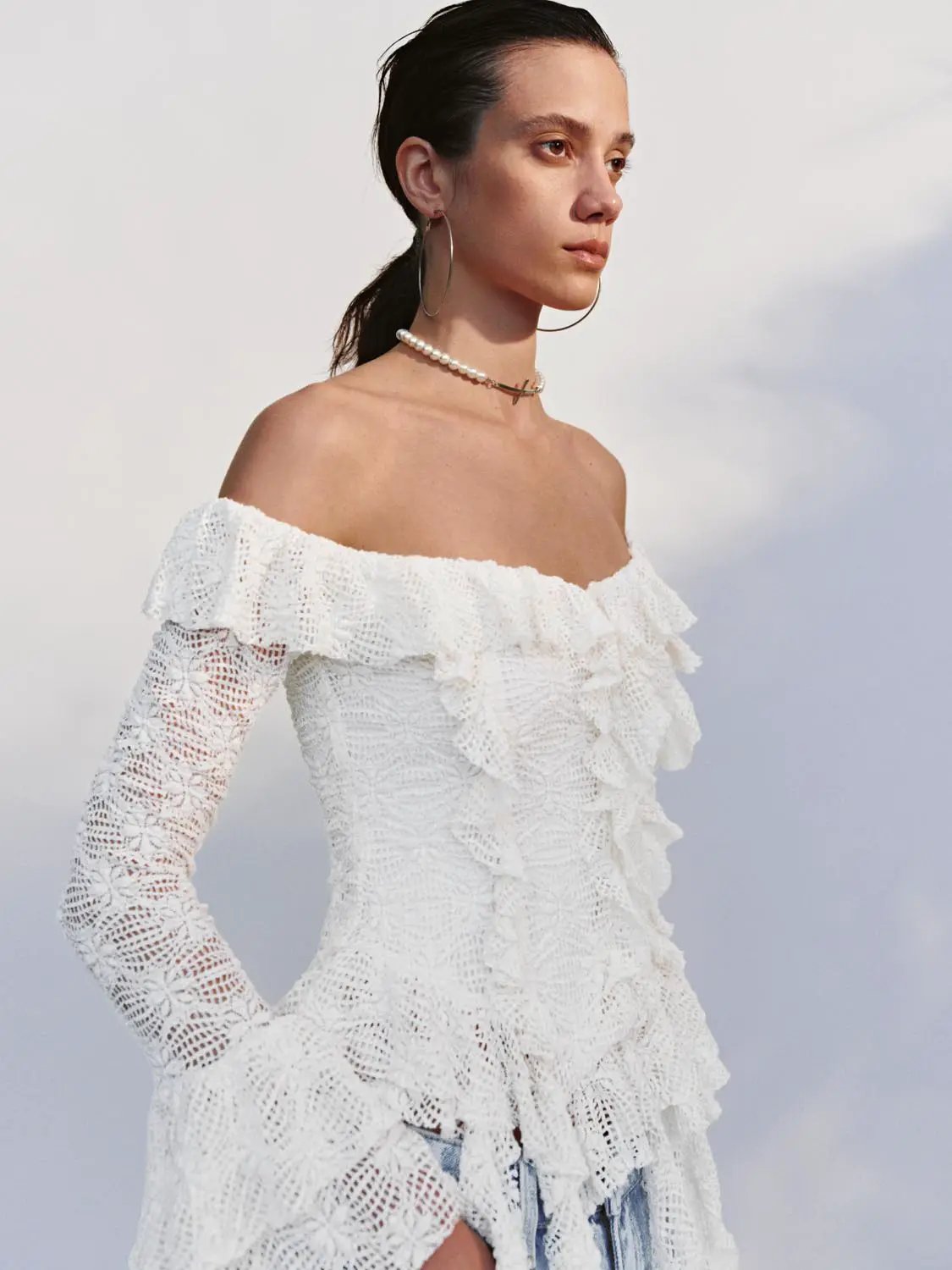 Off Shoulder Bell Sleeve Ruffle Stretch Lace Blouse