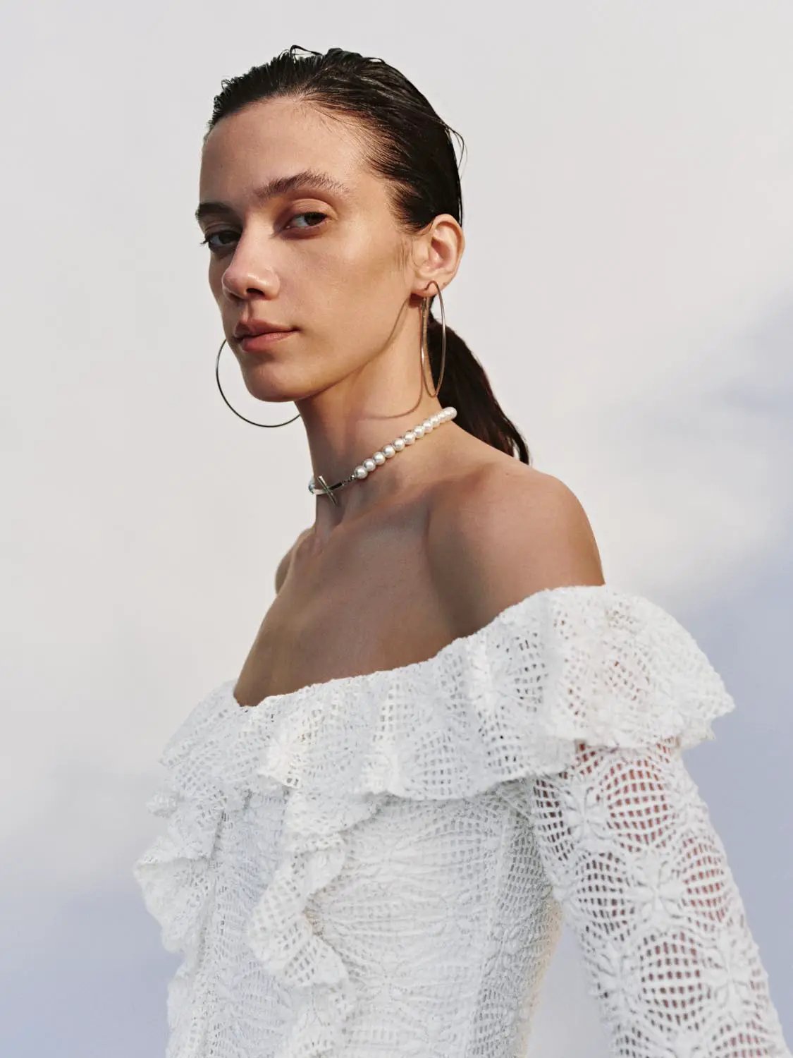 Off Shoulder Bell Sleeve Ruffle Stretch Lace Blouse