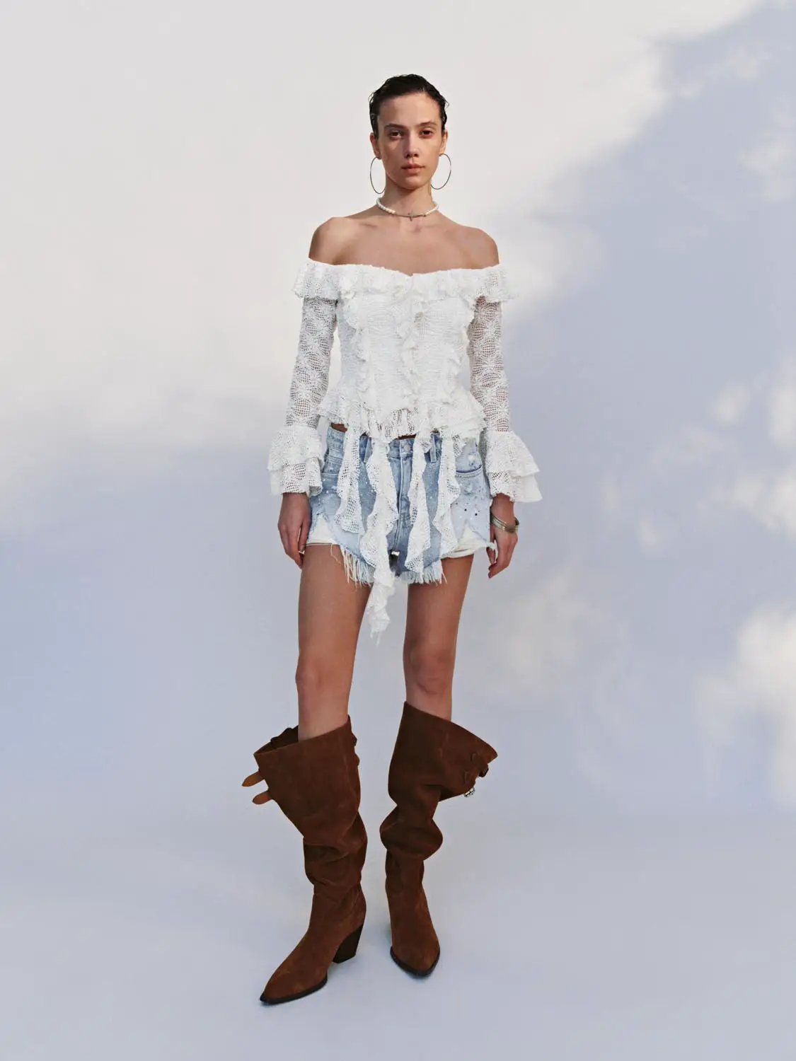 Off Shoulder Bell Sleeve Ruffle Stretch Lace Blouse
