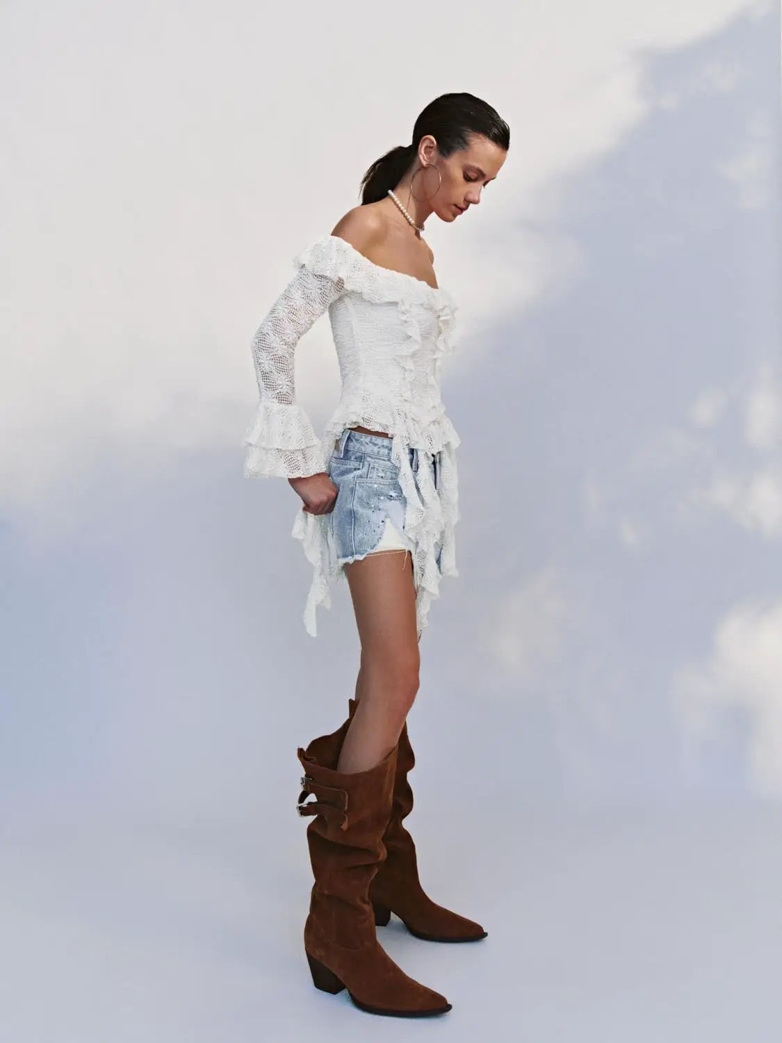 Off Shoulder Bell Sleeve Ruffle Stretch Lace Blouse