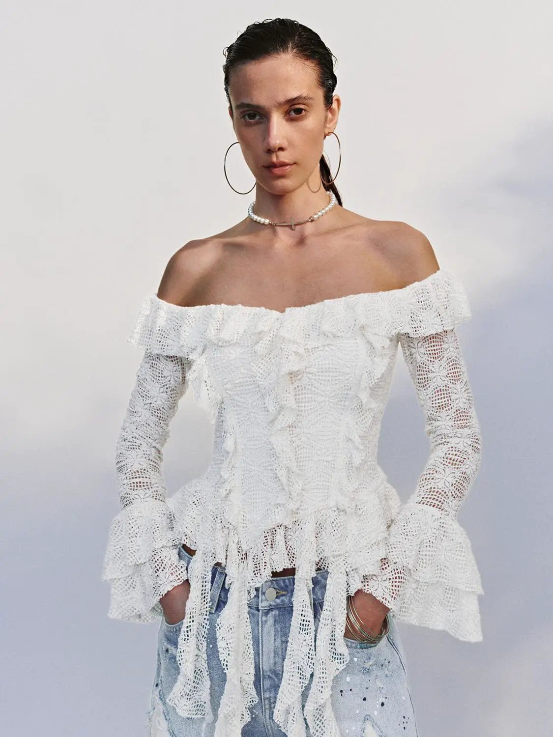 Off Shoulder Bell Sleeve Ruffle Stretch Lace Blouse